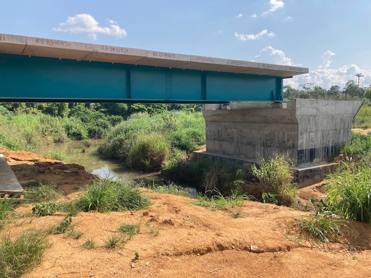 Modular steel bridge with concrete abutment over a river crossing in Ghana — hydraulic scour analysis and erosion protection engineering