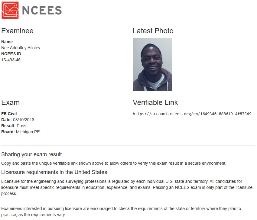 NCEES FE Exam Pass Result