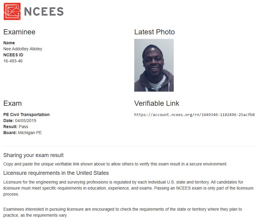 NCEES PE Exam Pass Result