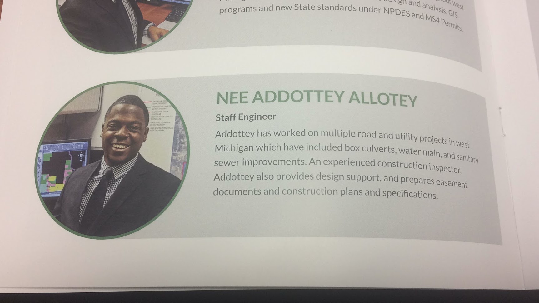 Nee Addottey Allotey featured in the Eng., Inc company brochure as Staff Engineer — professional bio highlighting road, culvert, and utility project experience in Michigan, USA