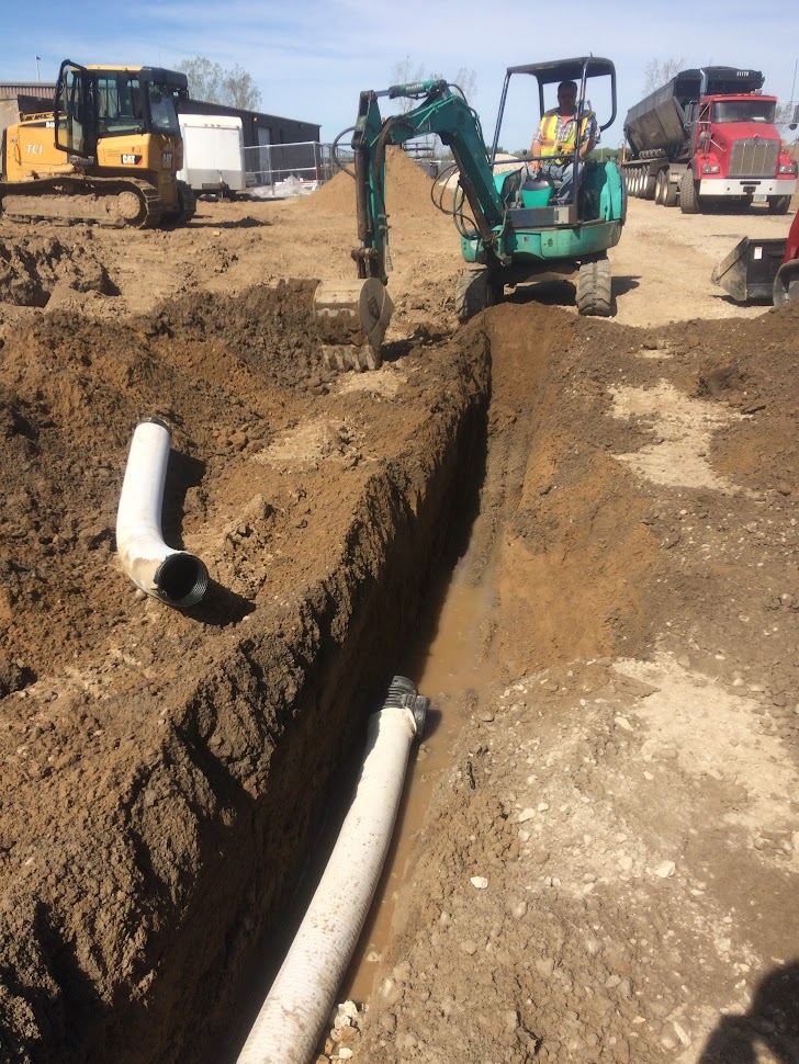 Stormwater drainage pipe installation in excavated trench — hydraulic pipe sizing and stormwater conveyance engineering